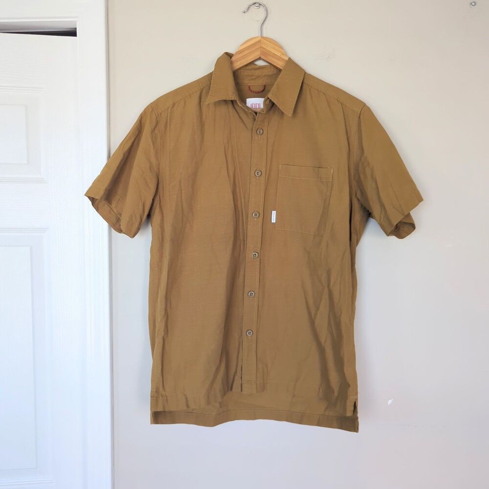 Topo Designs Men's Dirt Desert Brown Short Sleeve Button Up Shirt Cotton Medium